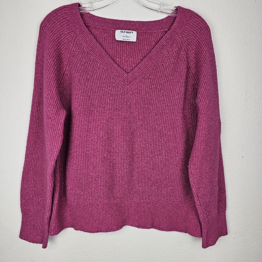 Old Navy V-Neck Sweater Melange Shaker Stitch Cocoon Pink Sz M Barbie Coquette